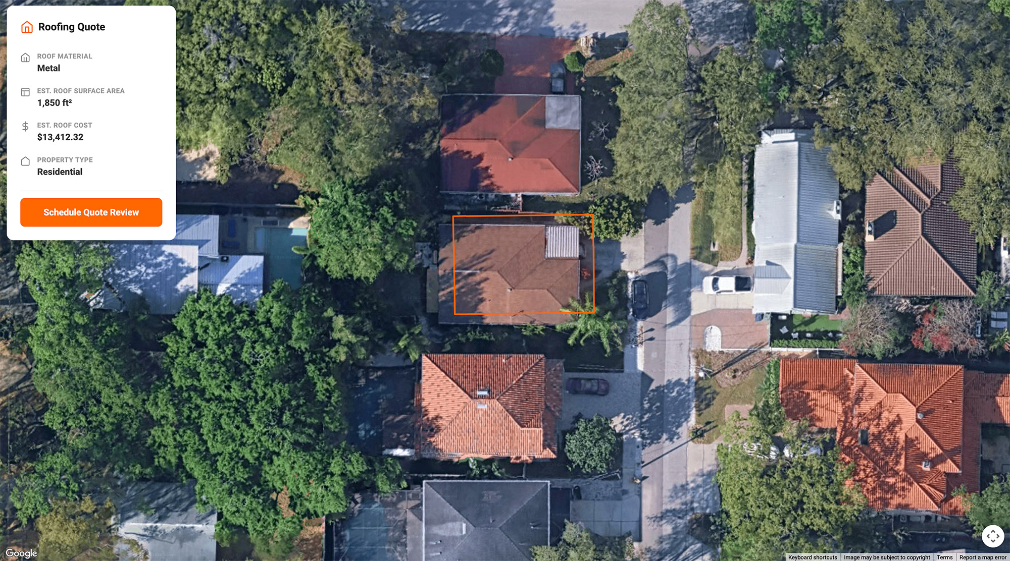 Roofing quote preview with aerial home view